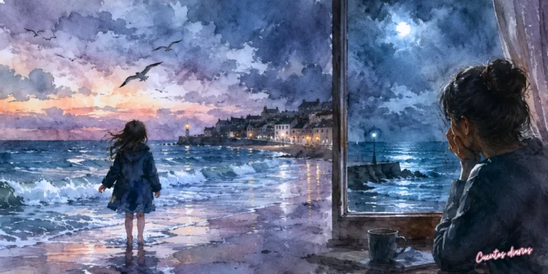Dibujo en acuarela de una niña frente al mar durante una tarde de invierno y una mujer adulta observando las olas desde una ventana en un pueblo costero.
