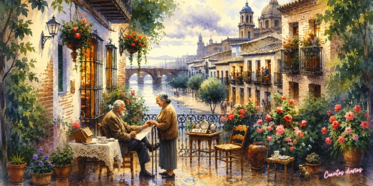 Mujer mayor reencontrándose con un antiguo amor en un patio andaluz lleno de flores, inspirado en un cuento sobre segundas oportunidades y la alegría de volver a bailar.