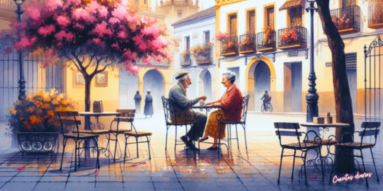 Personas mayores compartiendo una conversación en una plaza tranquila junto a cafeterías y árboles en flor, inspirada en un cuento sobre amistad, memoria y segundas oportunidades-