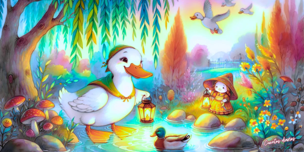 Dibujo en acuarela de un pato blanco con capa verde y farol iluminando un arroyo mágico junto a una niña en un bosque encantado bajo un sauce llorón.