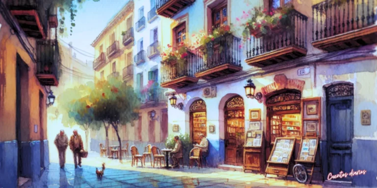 Dibujo en acuarela de una calle tranquila con balcones floridos y una cafetería de barrio, inspirada en un cuento sobre soledad, compañía y vecinos que se cuidan mutuamente.