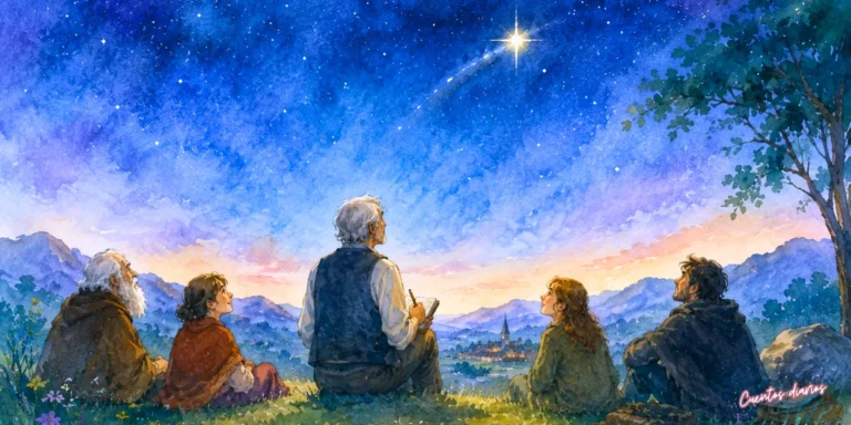 Grupo de viajeros observando una estrella brillante en el cielo nocturno desde una colina, inspirado en un cuento sobre el significado de la vida y las conexiones humanas.