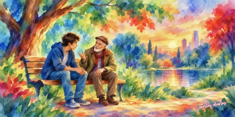 Javier conversa con Don Anselmo en un banco del parque mientras el anciano comparte con él una lección de sabiduría y esperanza.