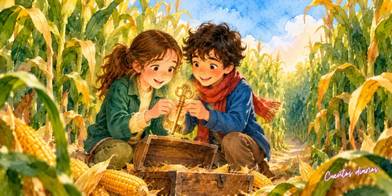 Erika y Rodrigo encuentran una llave dorada dentro de un cofre en un laberinto de maíz durante una aventura de otoño.