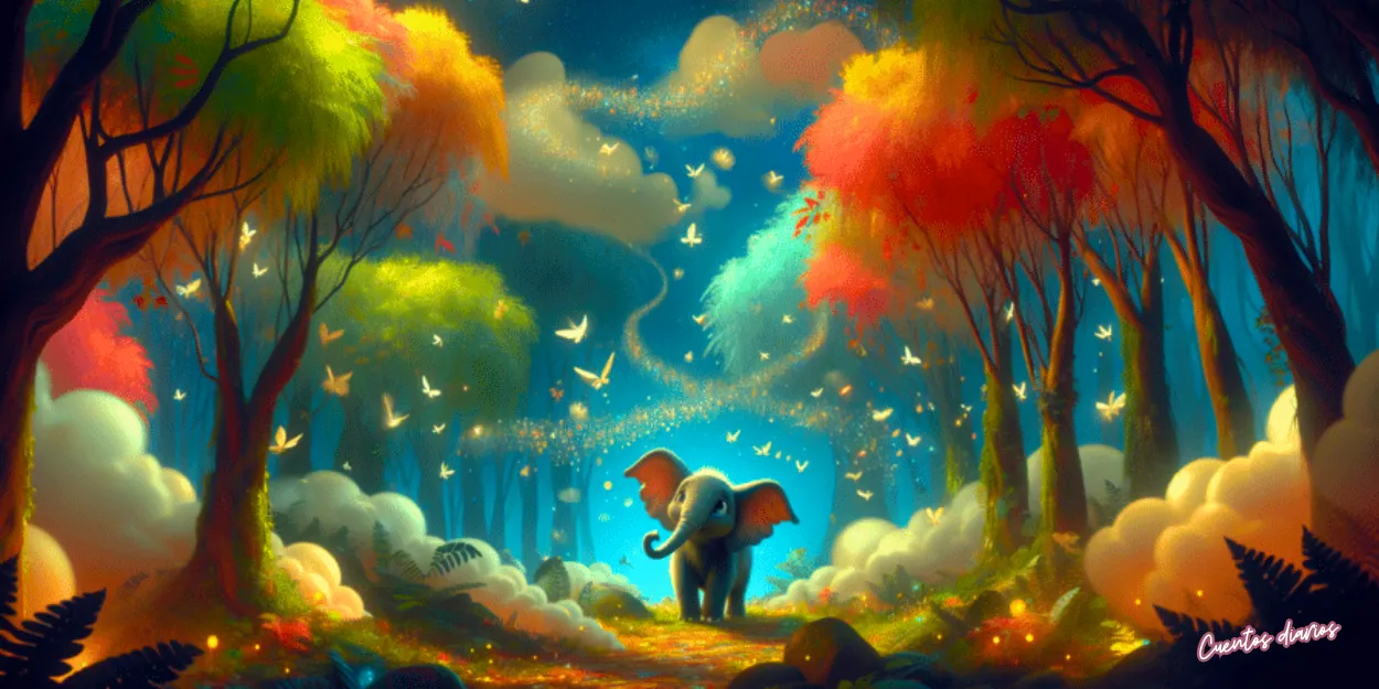 Dibujo en acuarela de un elefante caminando por un bosque mágico iluminado por luciérnagas y mariposas mientras sueña con volar..