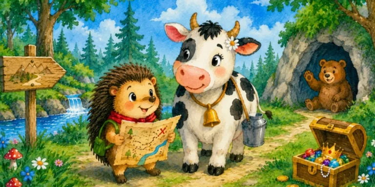 Dibujo en acuarela de un erizo valiente y vaca lechera siguiendo un mapa del tesoro en un bosque mágico junto a un cofre lleno de joyas.