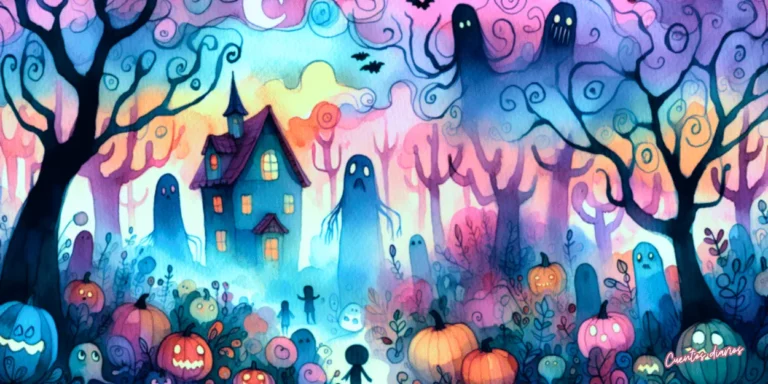 Dibujo en acuarela de un jardín embrujado con fantasmas, calabazas, un árbol encantado y una casa misteriosa durante la noche, inspirado en un cuento infantil de terror.