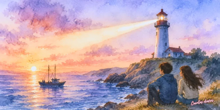 Dubujo en acuarela de un faro iluminando el mar al atardecer mientras Adrián y Elisa contemplan la luz que guía a los navegantes en un cuento infantil de verano.