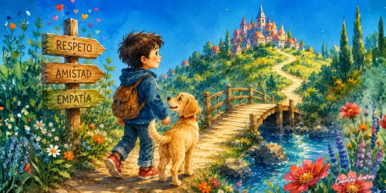 Dubujo en acuarela de un niño caminando con su perro hacia un castillo mágico junto a un camino rodeado de flores, amistad, respeto y empatía.