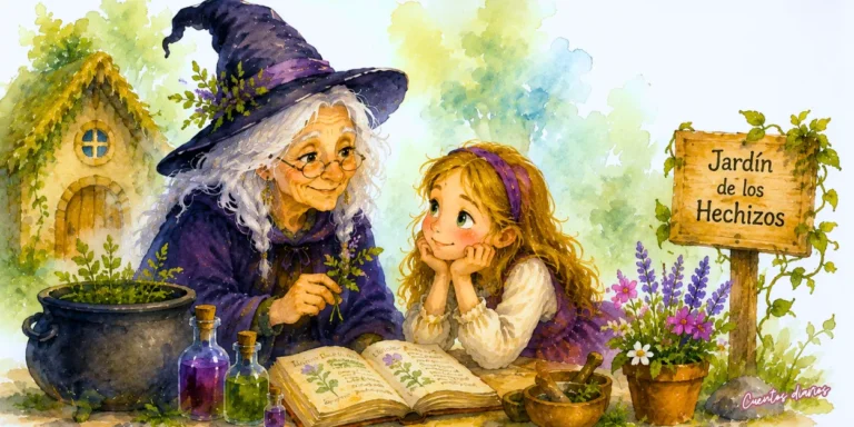 Dibujo de una niña aprendiendo sobre plantas mágicas junto a una anciana bruja en el jardín de los hechizos rodeado de flores y pociones.