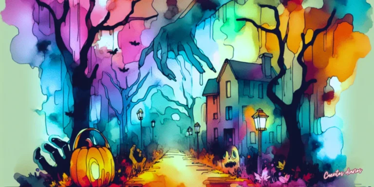 Entrada a una cueva tenebrosa rodeada de árboles oscuros, calabazas y sombras misteriosas en una ilustración de un cuento infantil de terror.