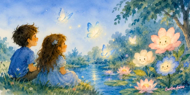 Cuento: La fiesta de verano en el jardín mágico con mariposas luminosas y flores parlantes
