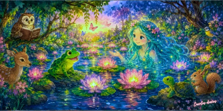 Dibujo en acuarela de una rana saltarina junto a un estanque de lirios luminosos acompañada por una guardiana mágica y animales del bosque en primavera.