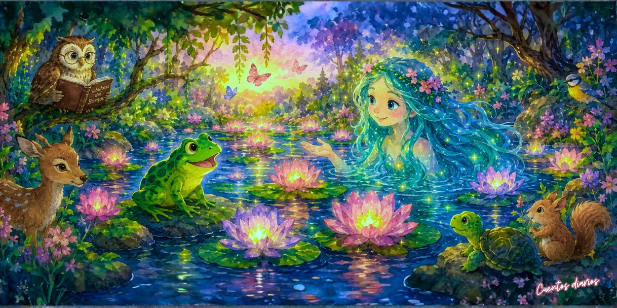 Dibujo en acuarela de una rana saltarina junto a un estanque de lirios luminosos acompañada por una guardiana mágica y animales del bosque en primavera.