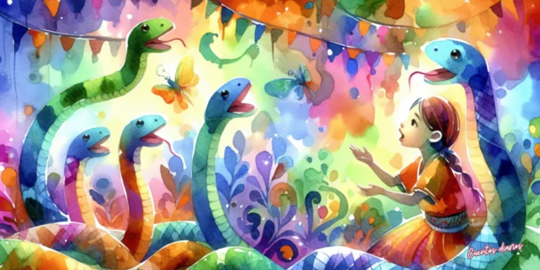 Dibujo en acuarela de La serpiente y la princesa de cristal con Siseo, una serpiente bondadosa, junto a la princesa Prisma en un reino mágico lleno de colores, simbolizando la amistad, la valentía y la esperanza.