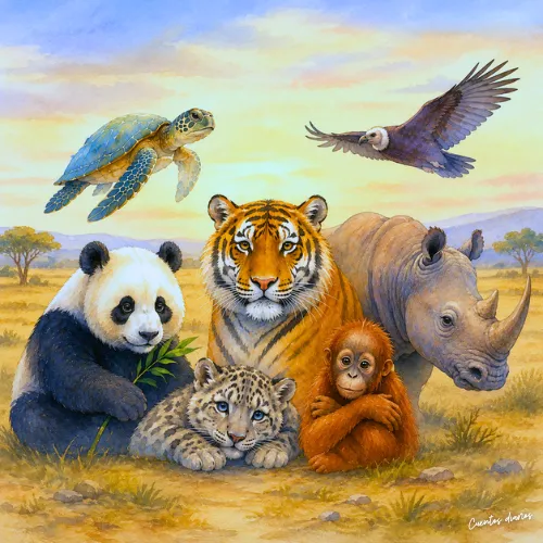 lustración en acuarela de varios animales en peligro de extinción, entre ellos un tigre, un panda, un rinoceronte, un orangután, un leopardo de las nieves, una tortuga marina y un buitre, reunidos en un paisaje natural.