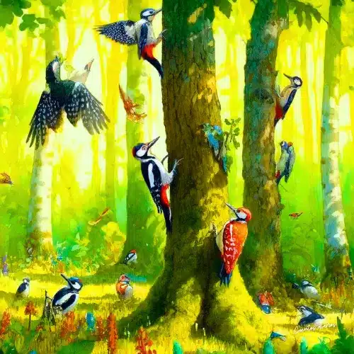 Dibujo cuadrado de unos pájaros carpinteros picando en los árboles en referencia a los cuentos de pájaros carpinteros.