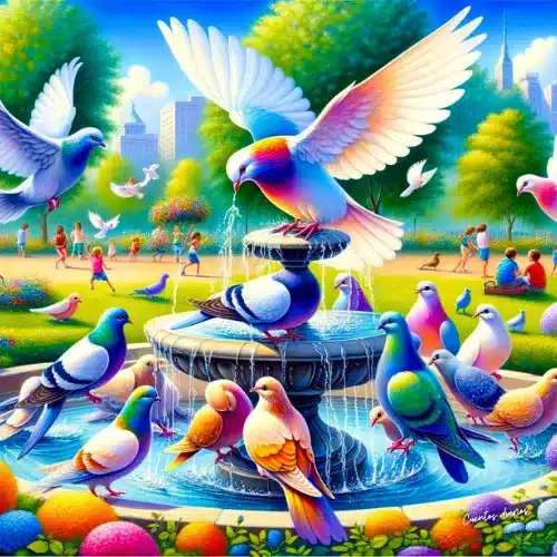Dibujo cuadrado de unas palomas en una fuente en referencia a los cuentos de palomas.
