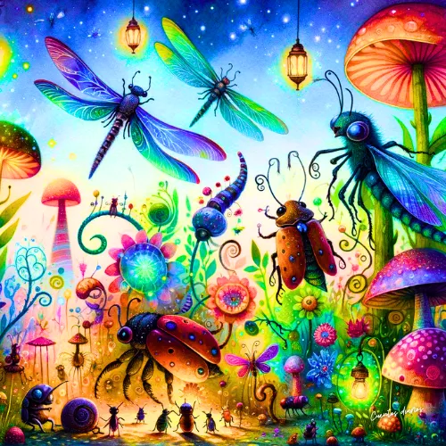Dibujo cuadrado en acuarela de un grupo amplio y variado de insectos.