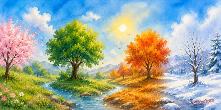 Dibujo en acuarela del cuento de las estaciones del año con un paisaje dividido en primavera, verano, otoño e invierno, mostrando árboles, un río y la transformación de la naturaleza a lo largo del año.