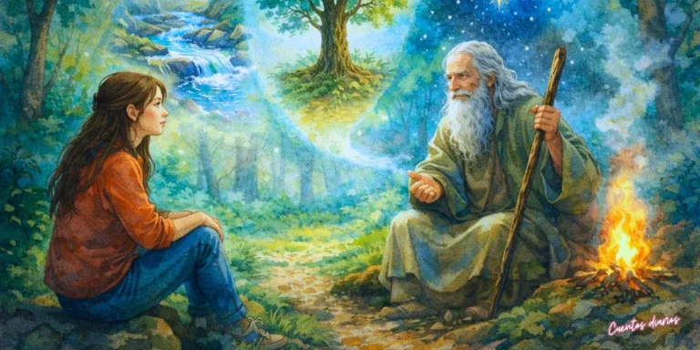 Joven conversando con anciano sabio en un bosque mágico junto al fuego, con visiones de río, árbol y estrellas sobre ellos.