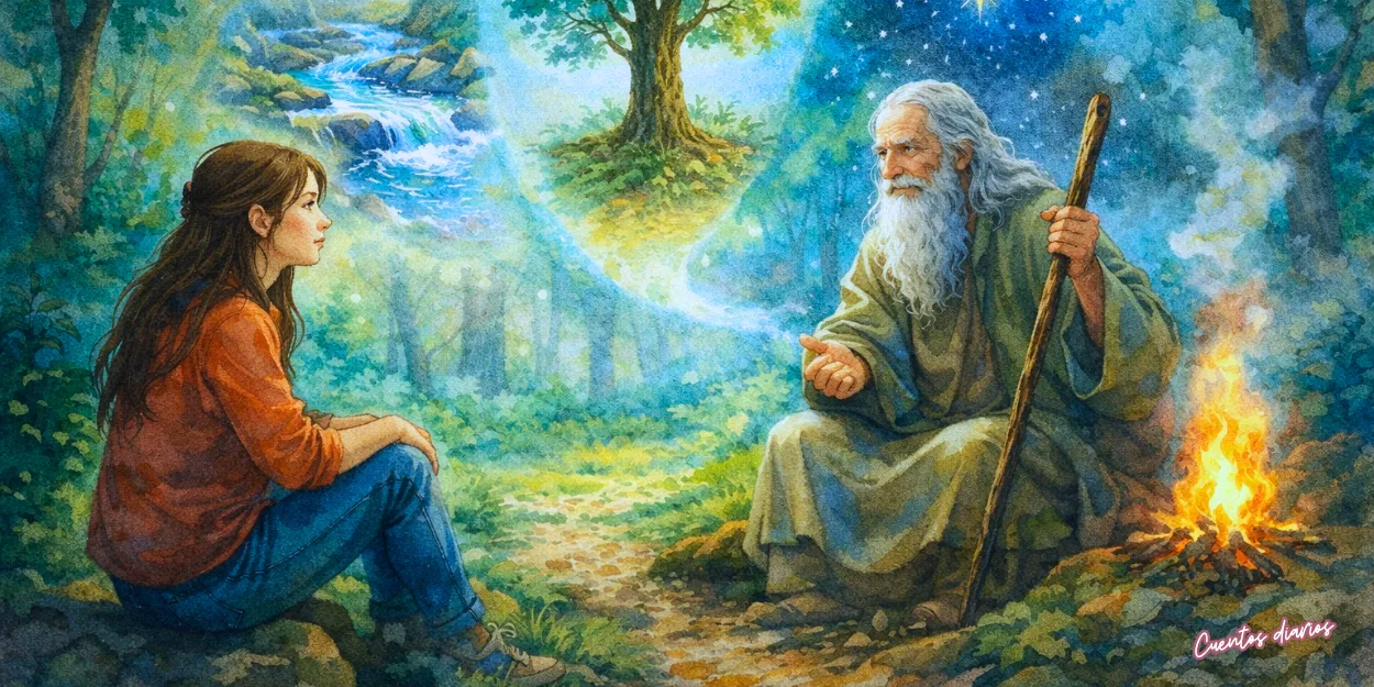 Joven conversando con anciano sabio en un bosque mágico junto al fuego, con visiones de río, árbol y estrellas sobre ellos.