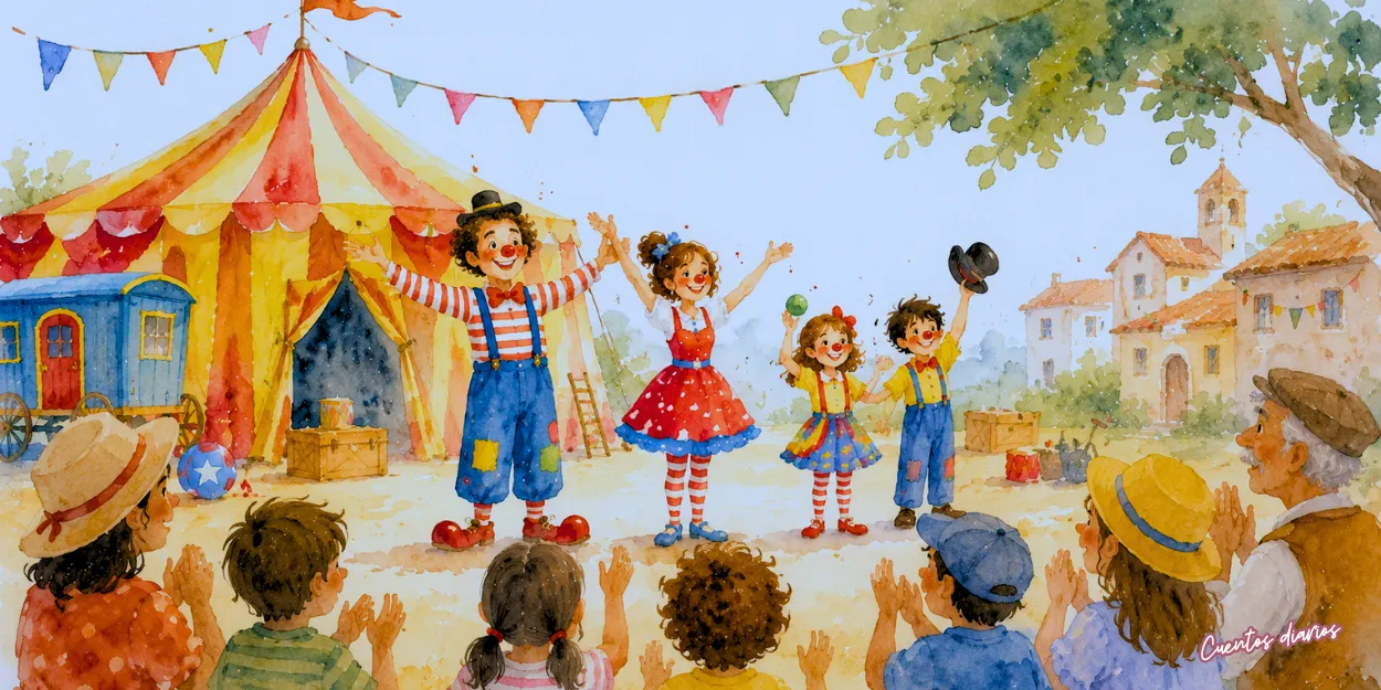 Dibujo en acuarela de una familia de payasos actuando en un circo de verano ante niños y familias en un pequeño pueblo lleno de alegría.