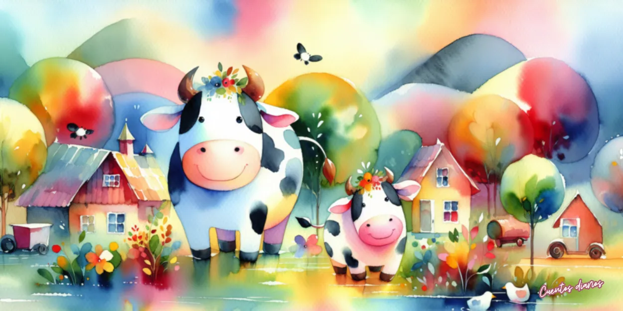 Vaca lechera Margarita junto a su ternera en una granja rodeada de casas y árboles de colores, inspirada en el cuento infantil El cuento de la vaca lechera y el granero encantado de los susurros.