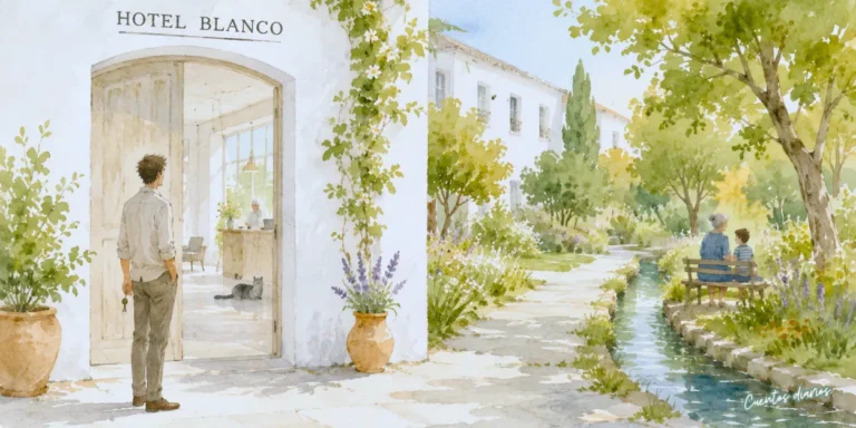 Dibujo en acuarela de la entrada del Hotel Blanco rodeada de jardines y un canal de agua, donde un hombre llega a un lugar de paz y reflexión que transforma su manera de ver la vida.