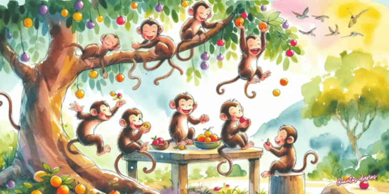 Dibujo en acuarela de El mono que salvó a sus amigos del dragón de fuego con varios monos jugando en un árbol frutal, representando la amistad, la alegría y el espíritu de aventura del cuento infantil.