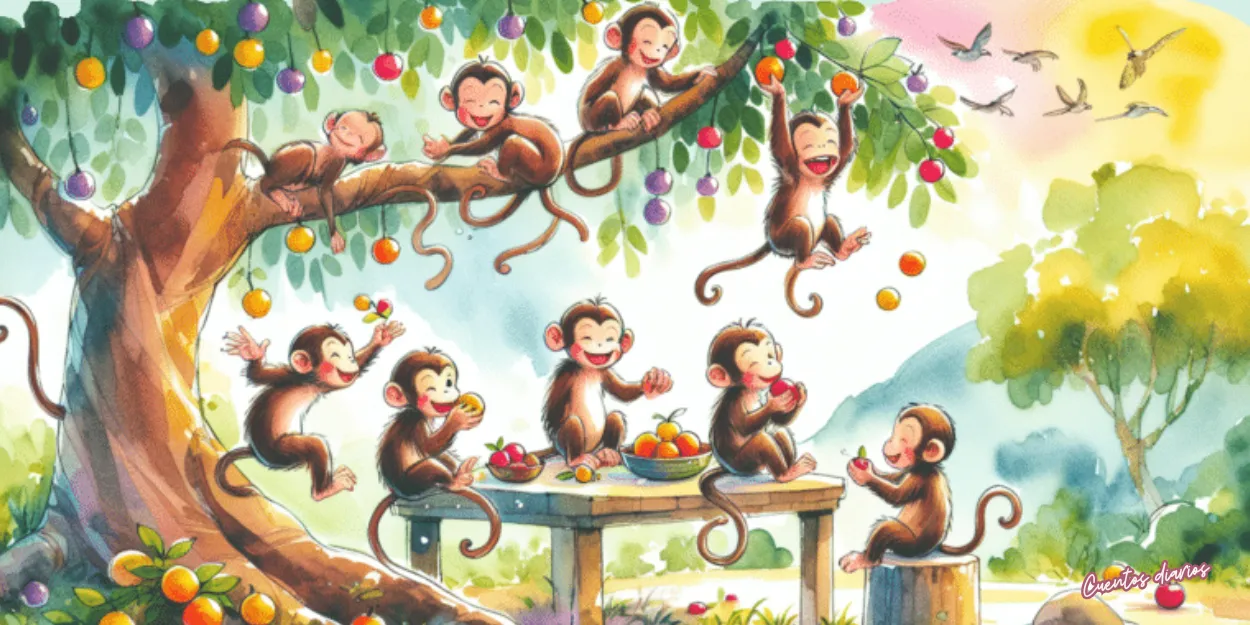 Dibujo en acuarela de El mono que salvó a sus amigos del dragón de fuego con varios monos jugando en un árbol frutal, representando la amistad, la alegría y el espíritu de aventura del cuento infantil.