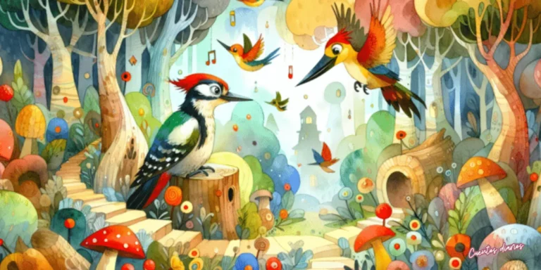 Dibujo en acuarela de un pájaro carpintero explorando el Bosque de los Ecos Secretos junto a otras aves en busca del legendario árbol mágico.