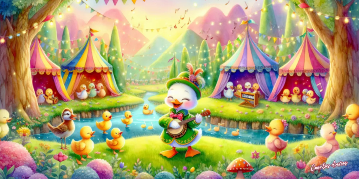 Pato músico tocando un banjo durante un festival en un valle encantado rodeado de patitos, animales y coloridas carpas en un cuento infantil.