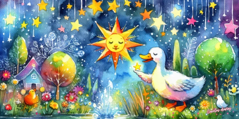 Dibujo en acuarela de un pato blanco sosteniendo una estrella dorada en una laguna durante una noche de verano, rodeado de animales y un cielo estrellado, ilustración del cuento El pato y la estrella dorada.