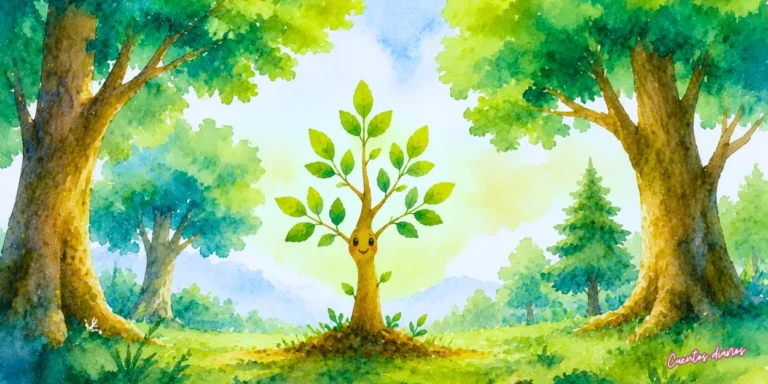 Dibujo en acuarela de un pequeño árbol sonriente creciendo en un bosque frondoso, ilustración infantil del cuento El Pequeño Árbol Valiente sobre autoestima y perseverancia.