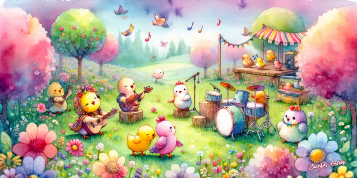 Pollito músico tocando el violín junto a sus amigos durante el Festival de las Melodías en el Prado Encantado, rodeados de flores, instrumentos y animales celebrando la música.