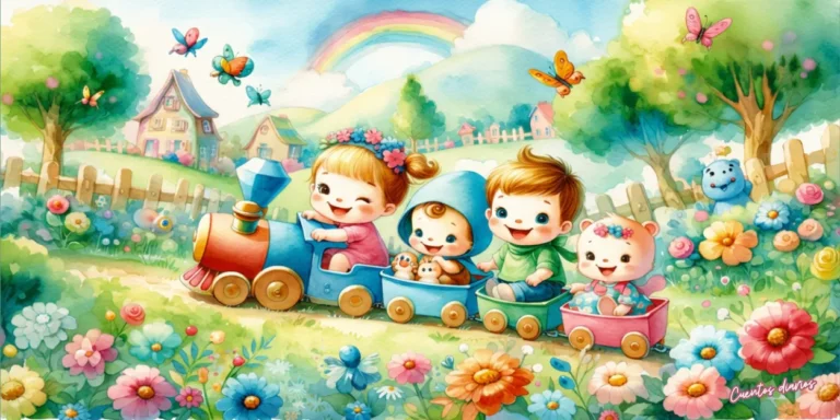 Dibujo en acuarela de unos niños pequeños viajando en un tren de juguete por un jardín mágico lleno de flores, mariposas y un arcoíris.