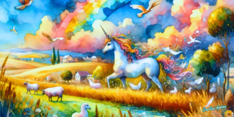 Dibujo en acuarela de un unicornio blanco de crines multicolores caminando entre flores, aves y ovejas en un paisaje mágico bajo un arcoíris.