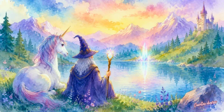 Dibujo en acuarela de un unicornio blanco y mago contemplando el Cristal de Aurora sobre un lago plateado, con montañas y un castillo mágico al fondo.