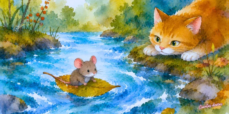 Dibujo en acuarela de Pablito, un pequeño ratón, cruza un río sobre una hoja mientras un gato lo observa desde la orilla en un cuento infantil sobre la valentía.