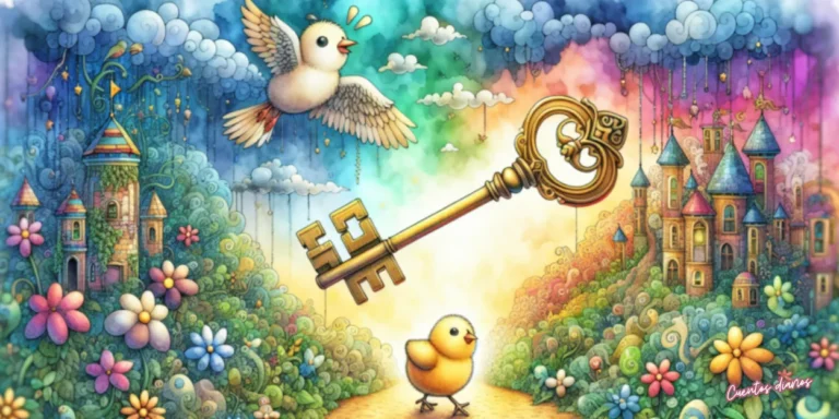 Dibujo en acuarelas de un pollito amarillo observando una llave dorada mágica en un bosque encantado camino a la Tierra de las Maravillas.