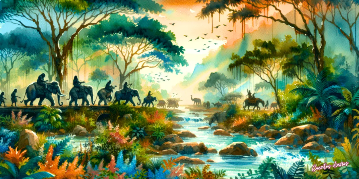 Dibujo en acuarela de unos tucanes y animales de la selva se reúnen para celebrar el Festival de los Colores junto a un río en un cuento infantil sobre amistad y cooperación.