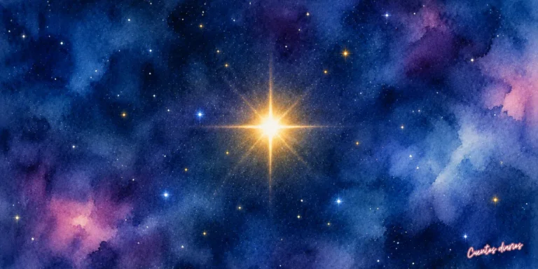 Dibujo en acuarela de una brillante estrella iluminando el espacio profundo en una ilustración en acuarela del cuento infantil de ciencia ficción La estrella del futuro.