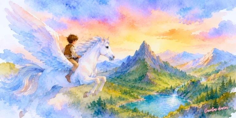 Dibujo en acuarelas de un caballo alado blanco volando sobre una sierra mágica con un joven jinete mientras sobrevuelan montañas, bosques y un lago cristalino.