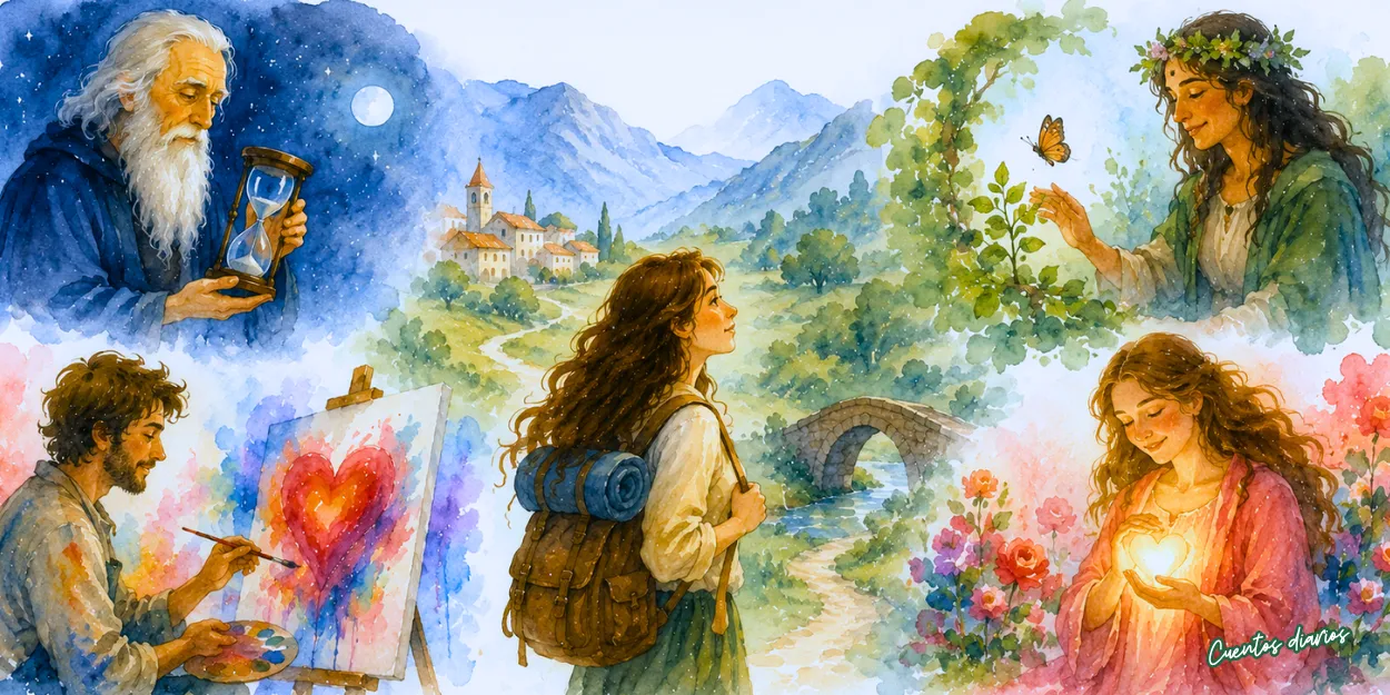 Dibujo en acuarela de una joven viajera recorriendo un valle mientras descubre las enseñanzas de los guardianes del tiempo, la naturaleza, las emociones y el amor.