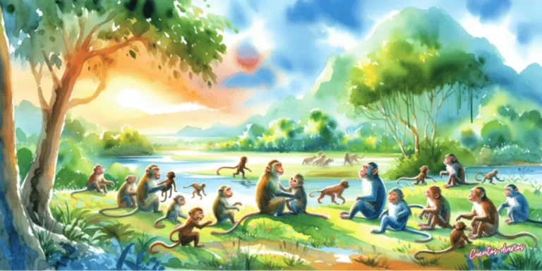 Dibujo en acuarela de La leyenda del mono sabio y el libro de los conocimientos perdidos con una comunidad de monos reunida en la selva, simbolizando la sabiduría, el aprendizaje y el trabajo en equipo.