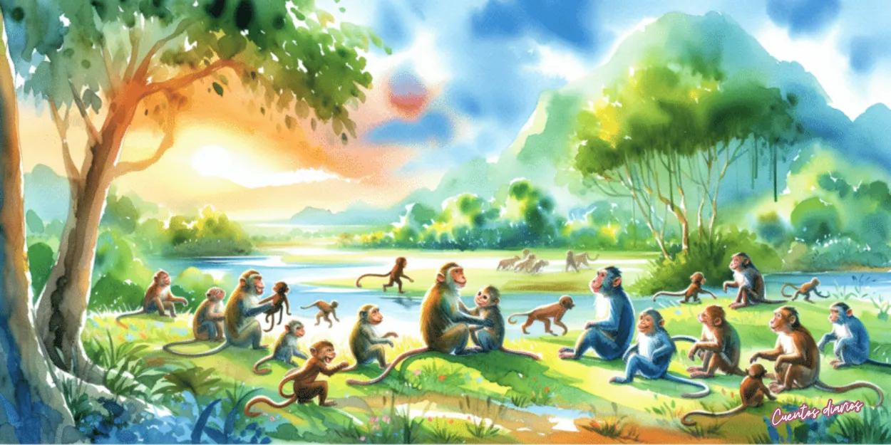Dibujo en acuarela de La leyenda del mono sabio y el libro de los conocimientos perdidos con una comunidad de monos reunida en la selva, simbolizando la sabiduría, el aprendizaje y el trabajo en equipo.
