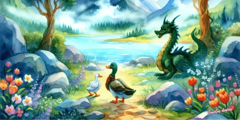 Dibujo en acuarela de un pato frente a un dragón verde en una laguna misteriosa rodeada de montañas y flores, ilustración de un cuento infantil de fantasía y aventuras.