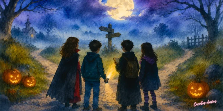 Dibujo en acuarela de cuatro adolescentes disfrazados exploran un cruce de caminos en Halloween bajo la luna llena, con calabazas iluminadas y una atmósfera misteriosa.