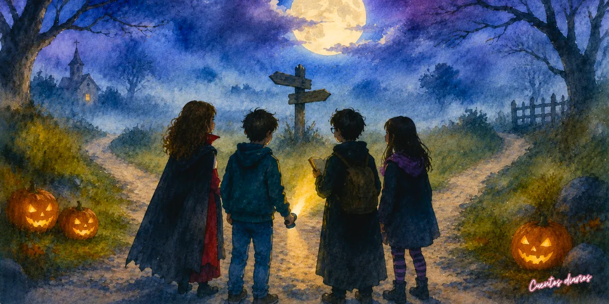 Dibujo en acuarela de cuatro adolescentes disfrazados exploran un cruce de caminos en Halloween bajo la luna llena, con calabazas iluminadas y una atmósfera misteriosa.